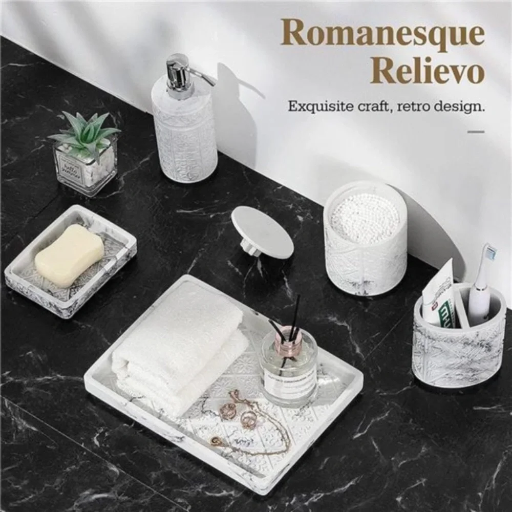 Bathroom Accessory Sets 5 Pcs, 3D Resin Vanity Tray, White